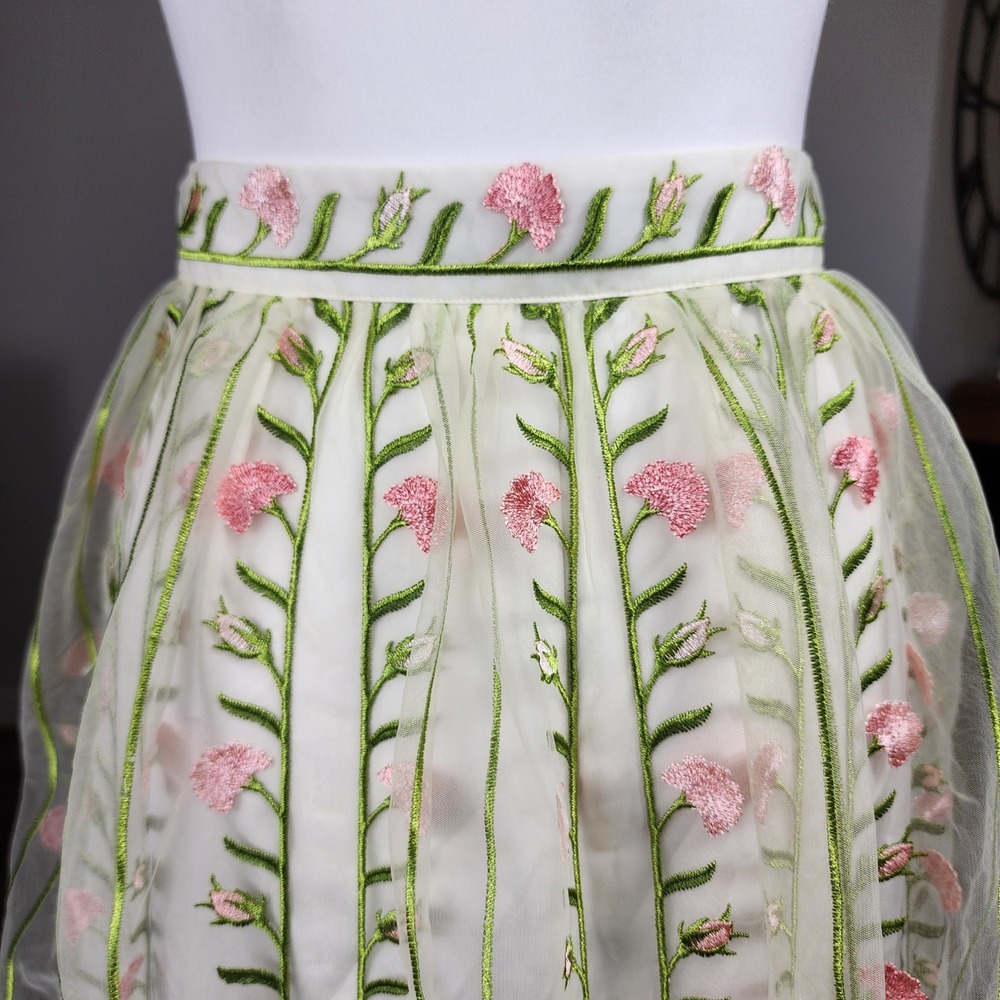 Talbots A-Line Tulle Maxi Skirt Womens 8 Pink Green Floral Embroidered Wedding - Picture 3 of 9